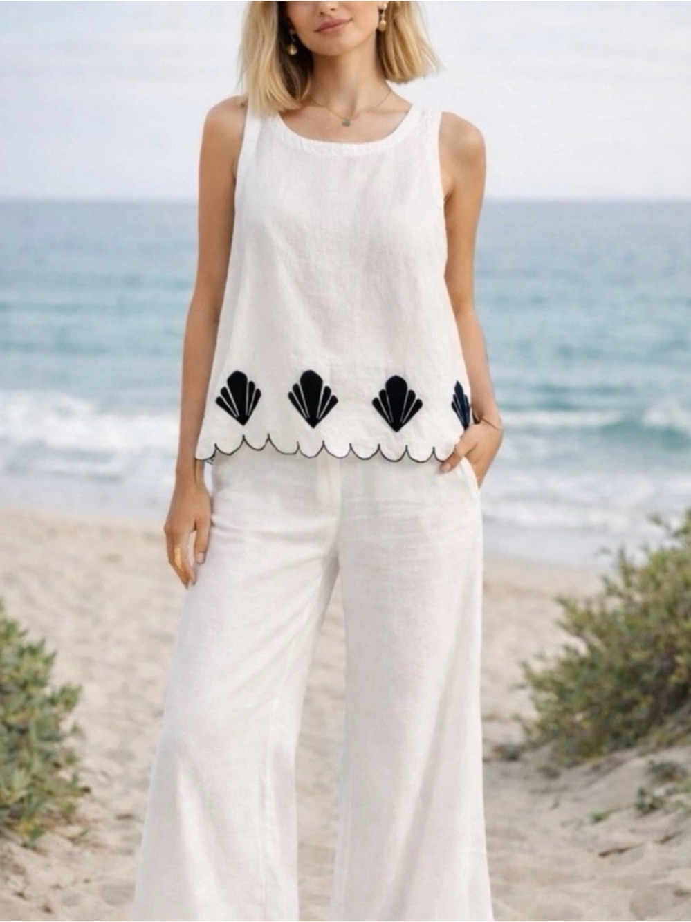 Calypso St. Barth White Linen Shell Top With Scalloped Hem Size L
